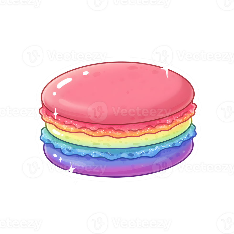 Glossy and Shiny Rainbow Macaron with a Transparent Background, Featuring a Kawaii-Inspired Style with a Magical Sparkle Effect png