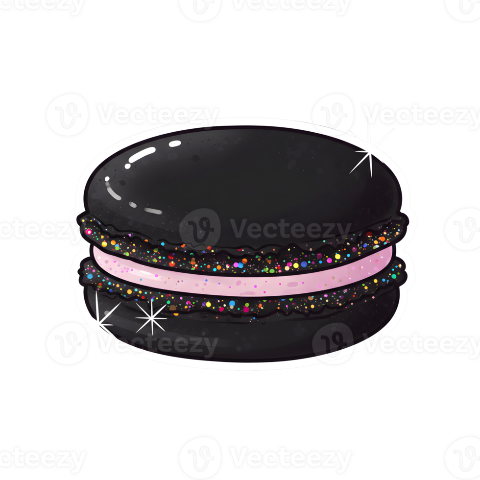 Shiny and Glossy Black Macaron with Multicolored Sprinkles and a Light Pink Cream Filling on Transparent Background png