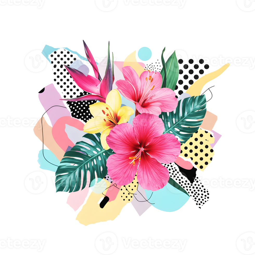 Digital Illustration of Lush Tropical Flowers Surrounded by Geometric Pop Art Shapes, Surreal Pop Art Collage png