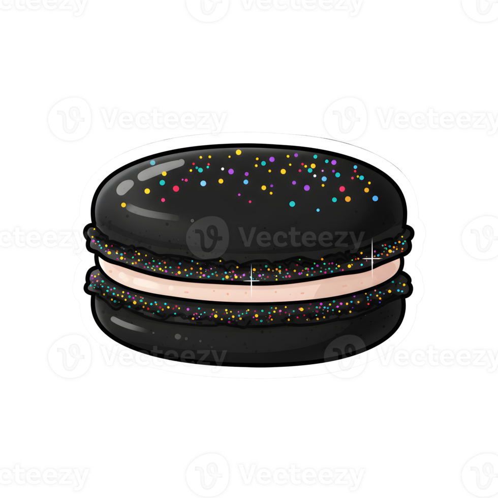 Elegant Black Macaron with Sparkling Multicolor Sprinkles and a Soft Pink Filling on Transparent Background png