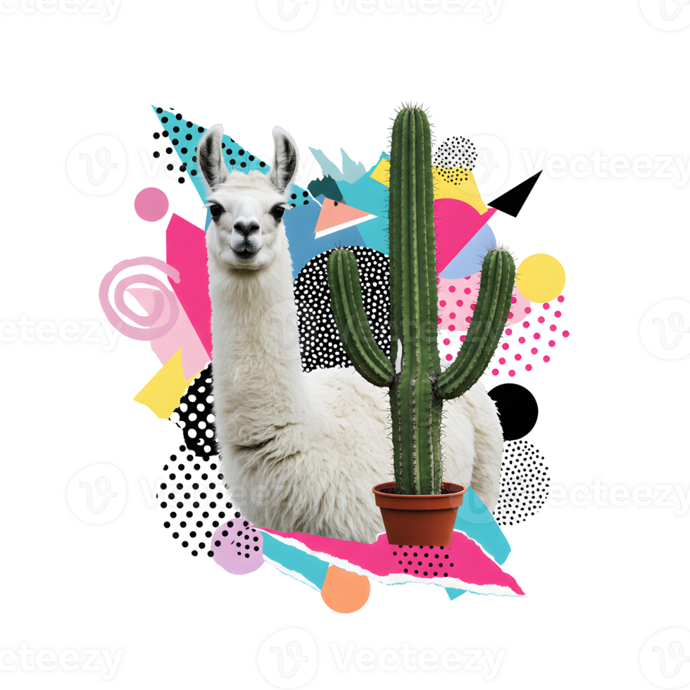Digital Illustration of a Llama and a Cactus in a Playful Abstract Collage with Bright Geometric Shapes, Surreal Pop Art Collage png