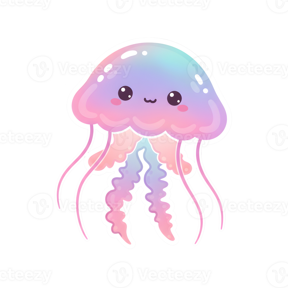 Charming Kawaii Jellyfish with Blush Pink, Lavender, and Mint Gradient, Featuring a Glossy Finish and Cute Face on Transparent Background png