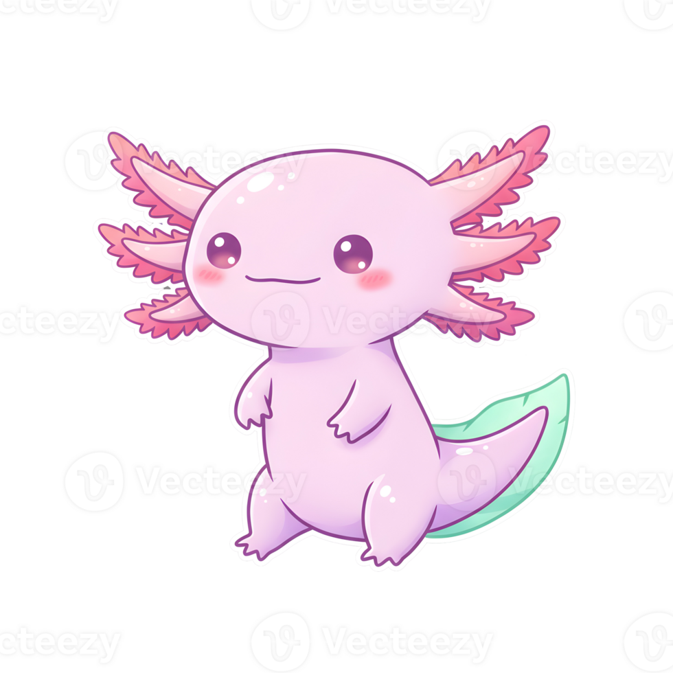 Charming Kawaii Axolotl with Blush Pink and Mint Colors, Featuring a Glossy Finish and Cute Face on Transparent Background png