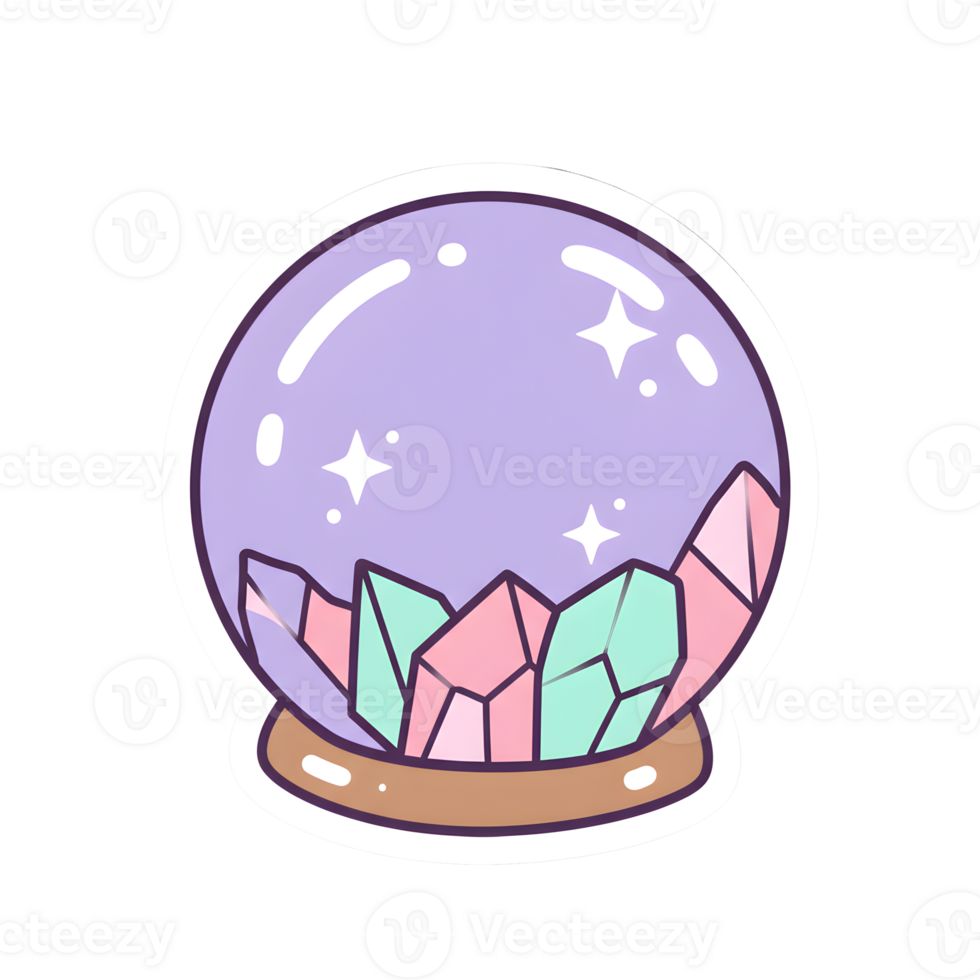 Enchanting Kawaii Crystal Ball with a Glossy Surface, Sparkles, and Pastel Gemstones on Transparent Background png