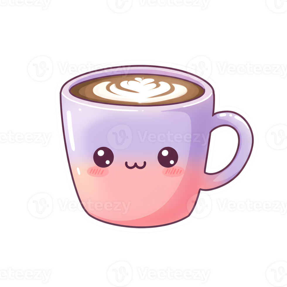 Adorable Cartoon Cup of Hot Coffee in Pink and Purple Pastel Tones on a Transparent Background png