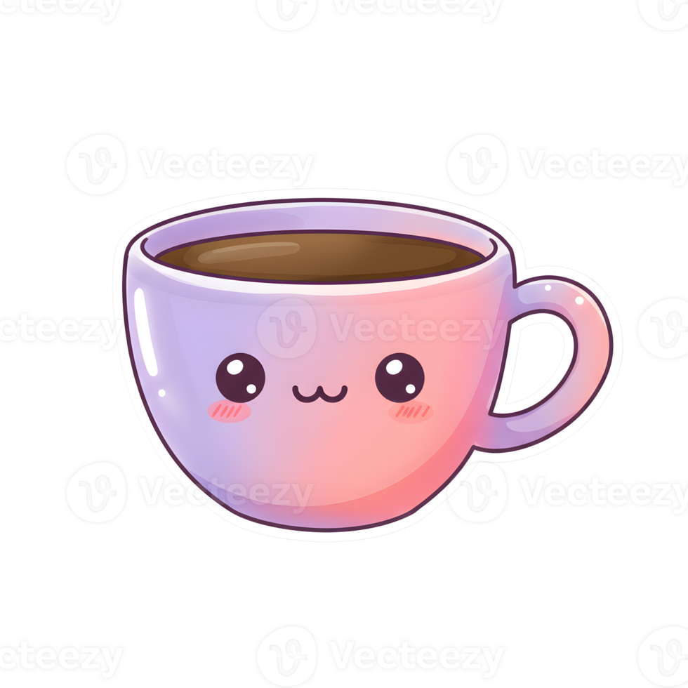 Charming Kawaii Coffee Cup with Blush Pink and Lavender Gradient, Featuring Latte Art and a Cute Face on Transparent Background png