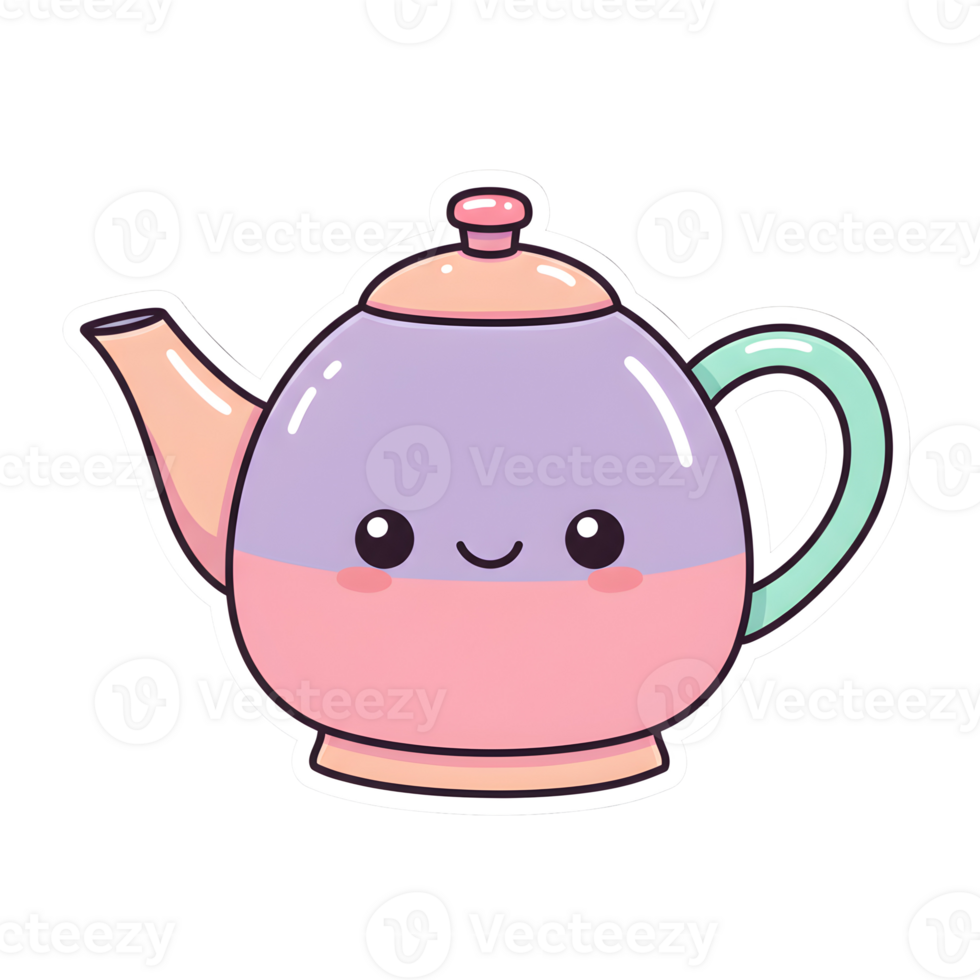 Whimsical Kawaii Teapot with Blush Pink and Lavender Hues, Featuring a Cute Face and Sparkling Details on Transparent Background png