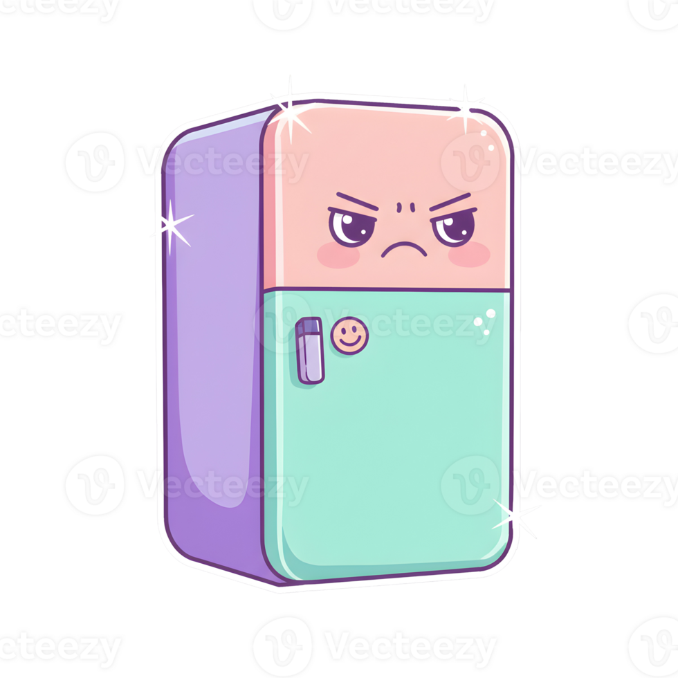 Angry Kawaii Refrigerator with Pastel Colors and Expressive Face on Transparent Background png