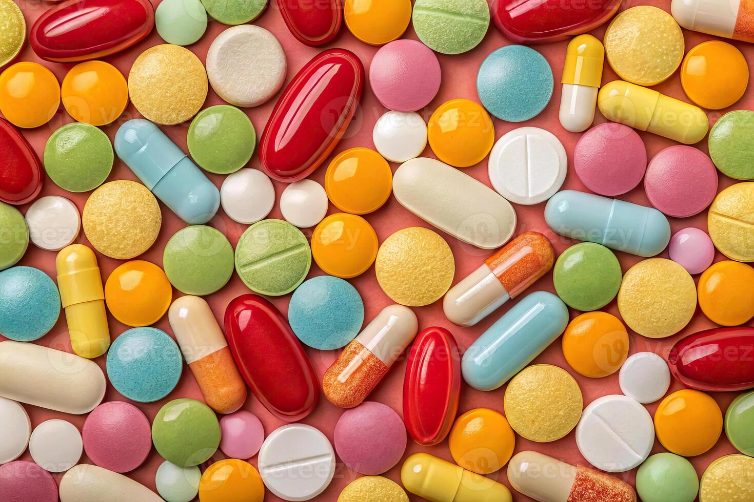 Colorful assortment of various pills and tablets on a vibrant background photo
