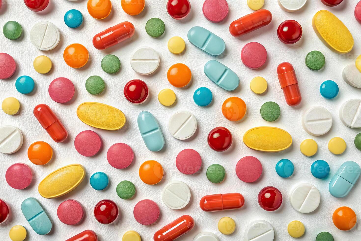 Colorful assortment of various pills and tablets scattered on white background photo