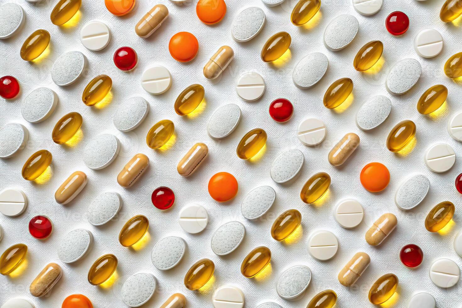 Variety of dietary supplements and vitamins arranged on a white surface in a colorful pattern photo