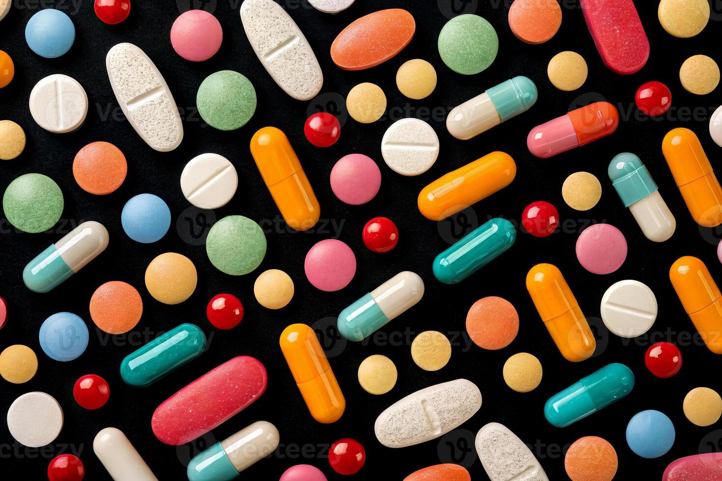 Colorful assortment of various pills and tablets arranged on dark background for health application photo