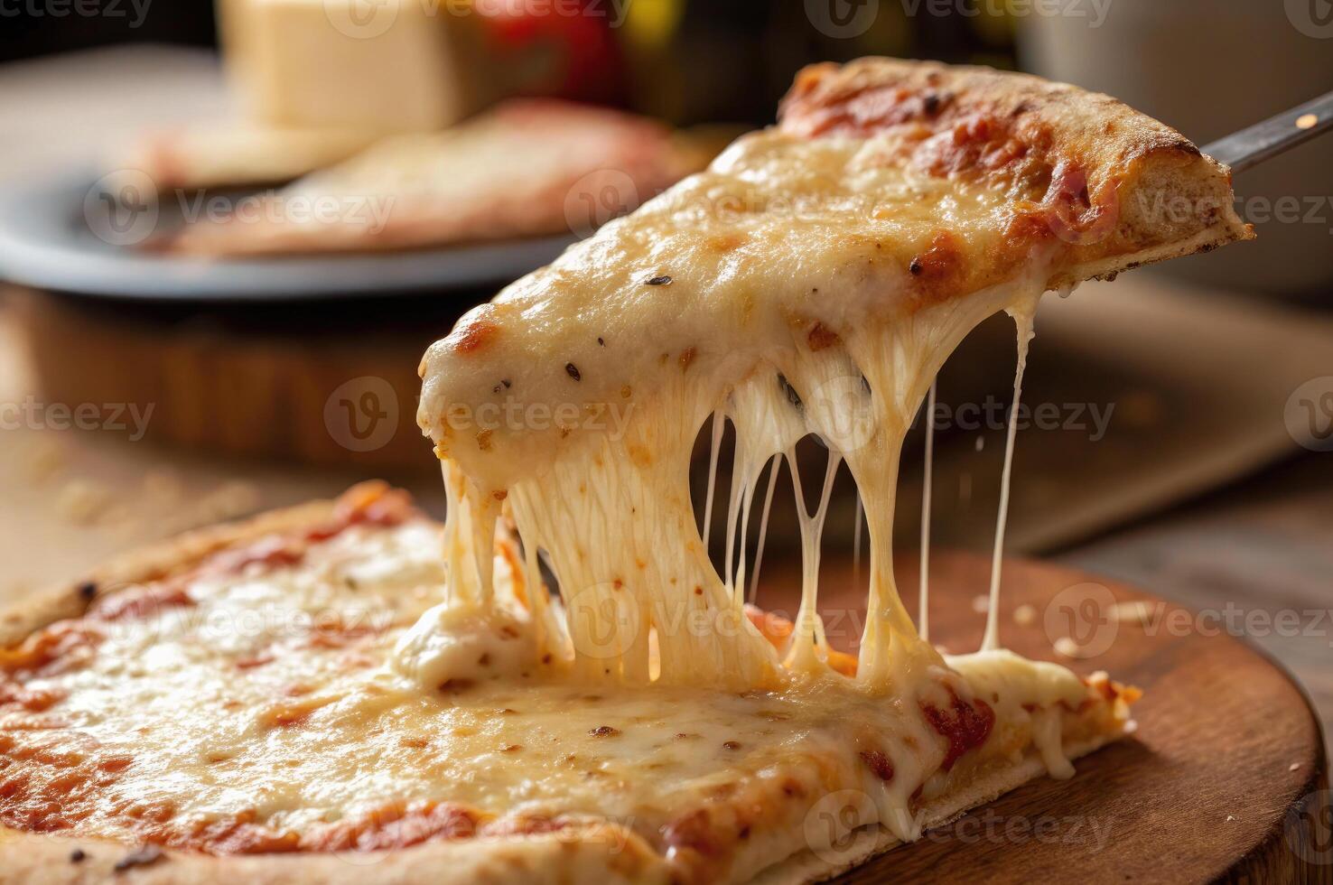 A delicious slice of Italian pizza with melted mozzarella cheese is lifted, creating a tempting cheese pull. photo