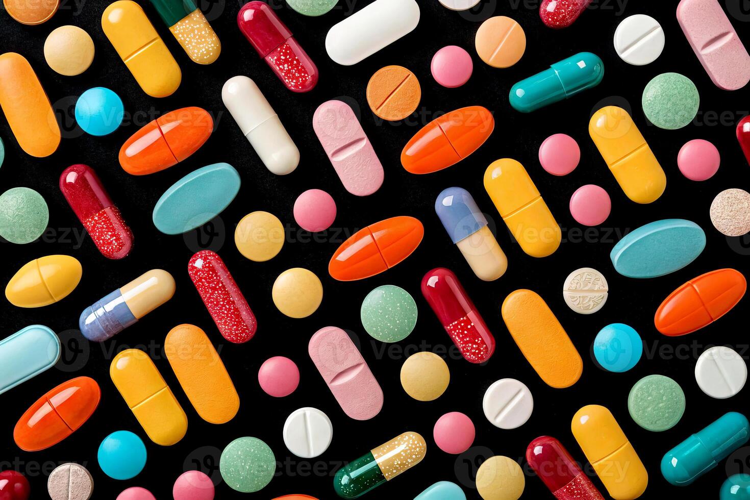 Various pills and supplements arranged in colorful patterns on black background photo