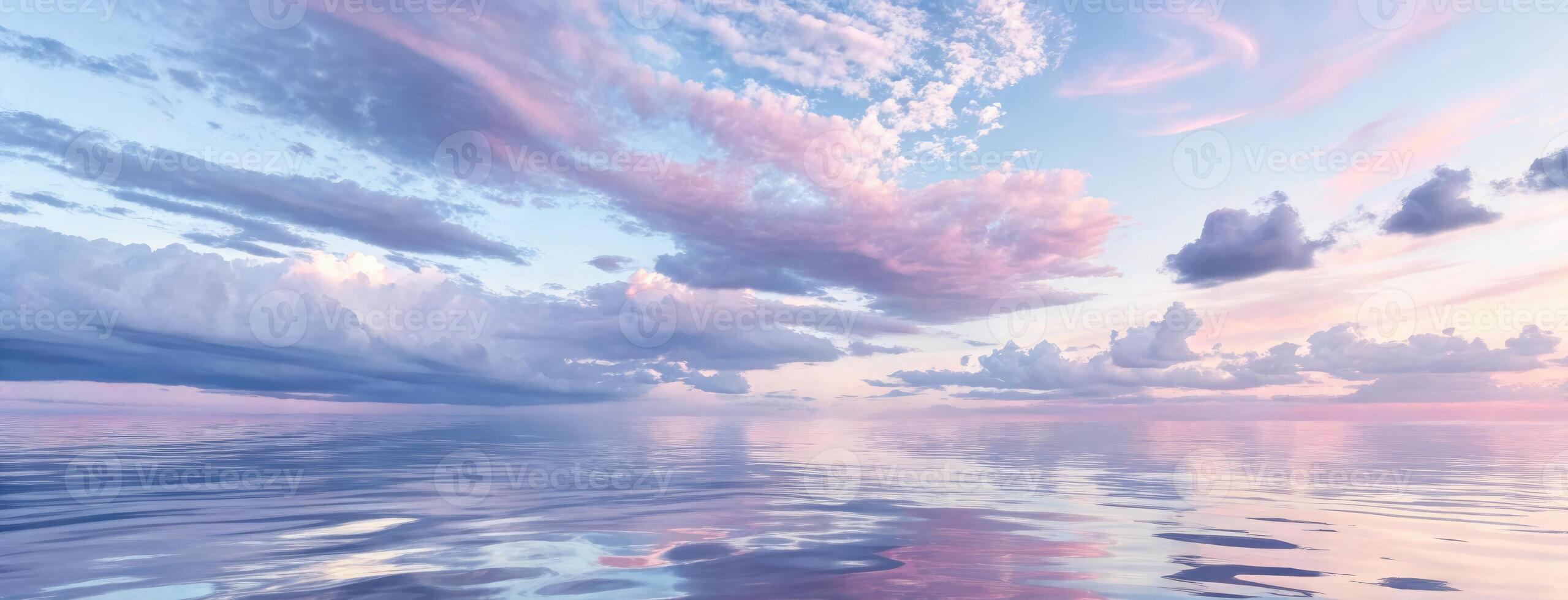 Serene twilight over calm waters reflecting pastel skies photo