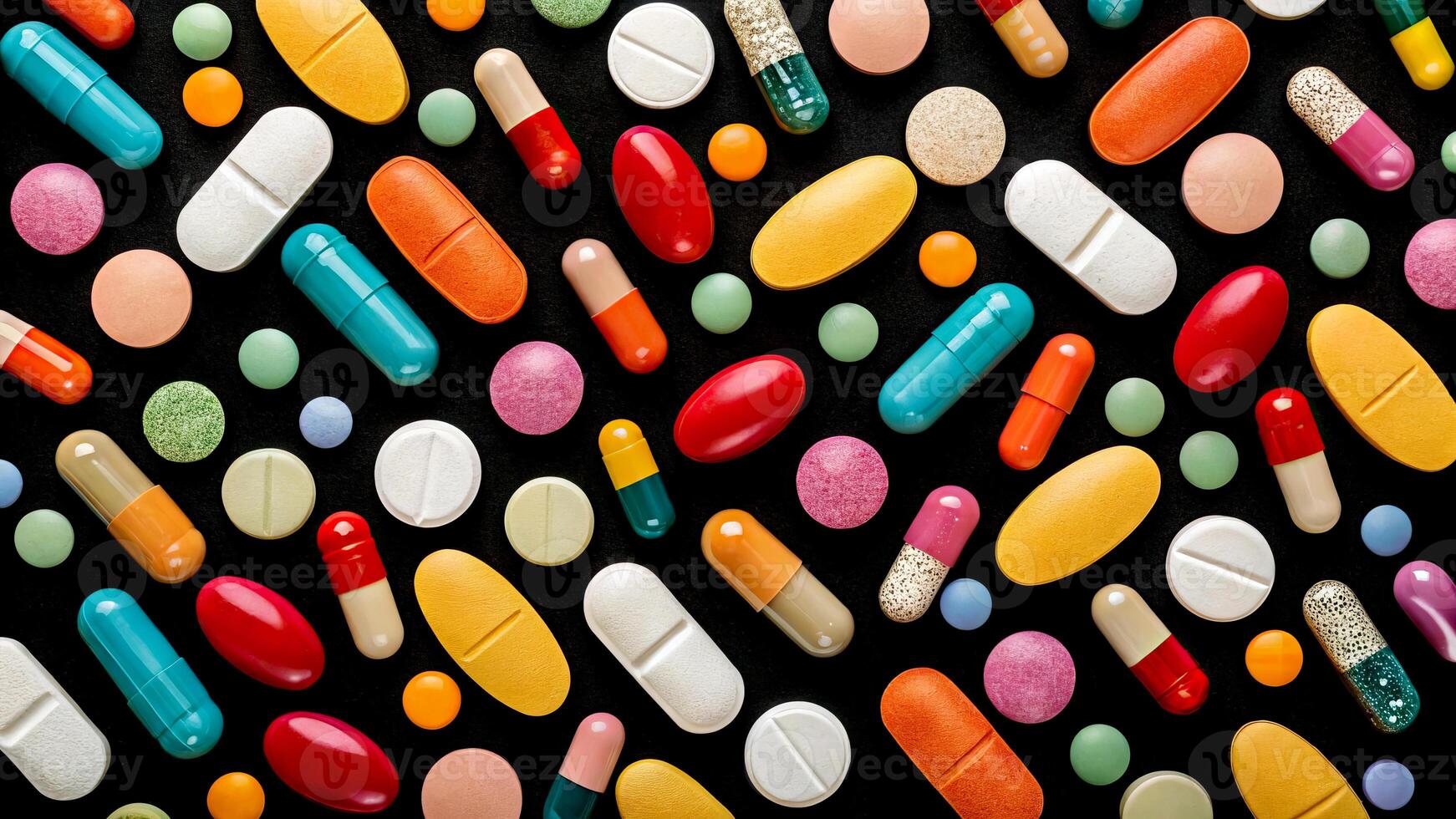 Colorful assortment of pills and capsules spread across a dark surface in organized pattern photo