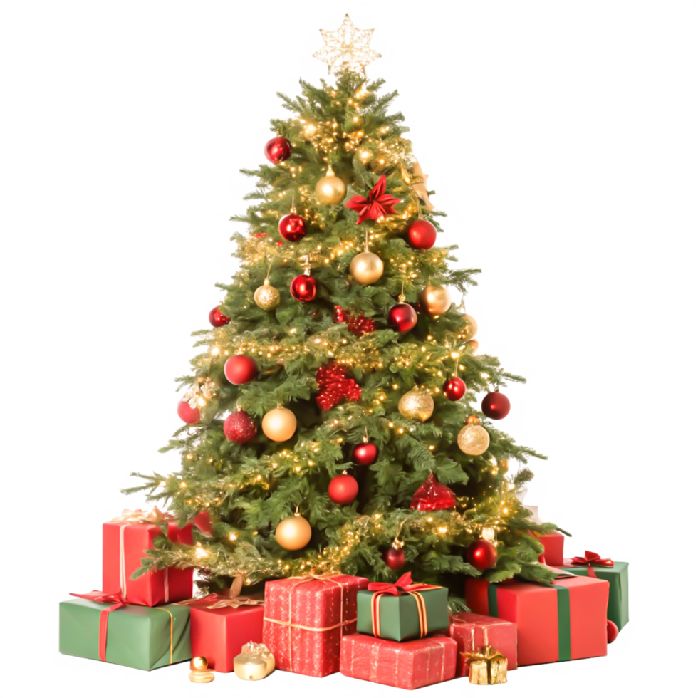 Beautifully Decorated Christmas Tree with Red and Gold Ornaments Gifts png