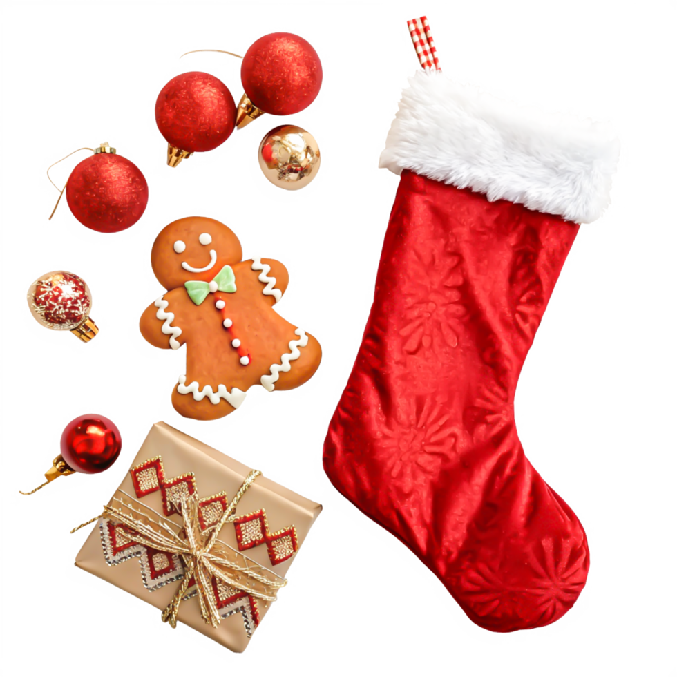 Christmas Festive Composition Red Stocking, Gingerbread Man, Gift Ornaments png