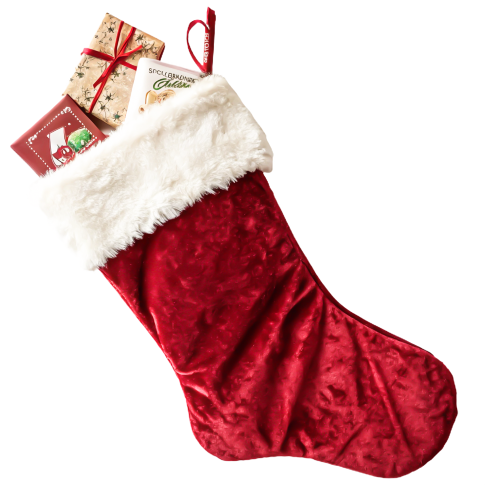 Christmas Stocking Filled with Gifts Festive Red Velvet Design for Holidays png