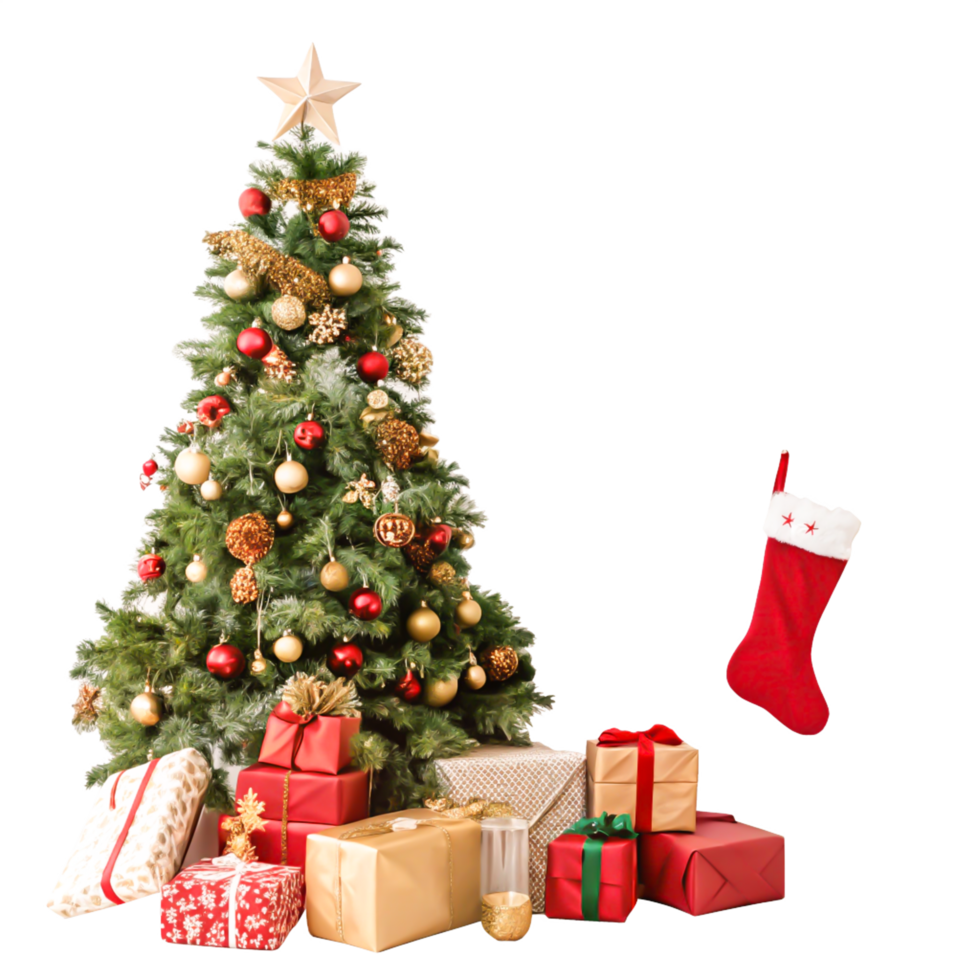 Christmas Tree with Gold and Red Ornaments, Presents, and Stocking png