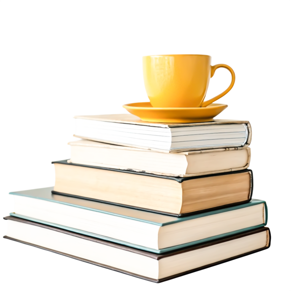 Cozy Yellow Cup of Tea on Stack of Books, Reading, Education Concept png