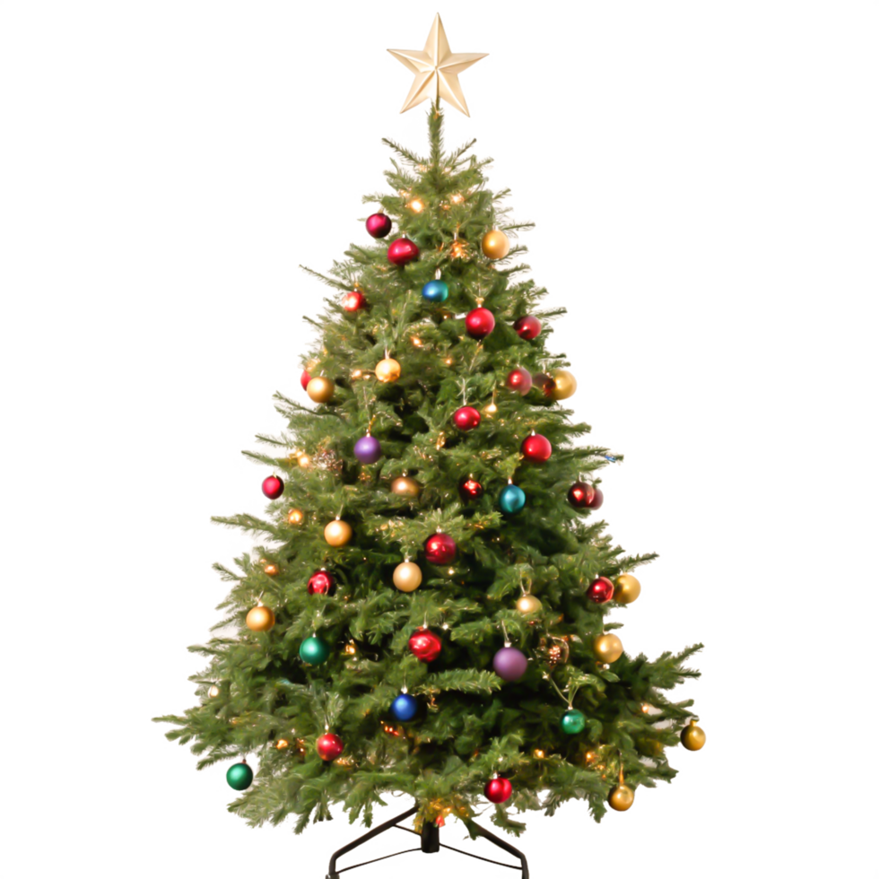 Decorated Christmas Tree with Colorful Ornaments and Gold Star, Isolated on White Background png