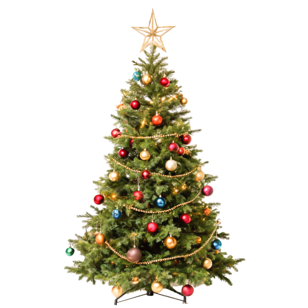 Decorated Christmas Tree with Lights, Ornaments, and Star, Isolated on White Background png