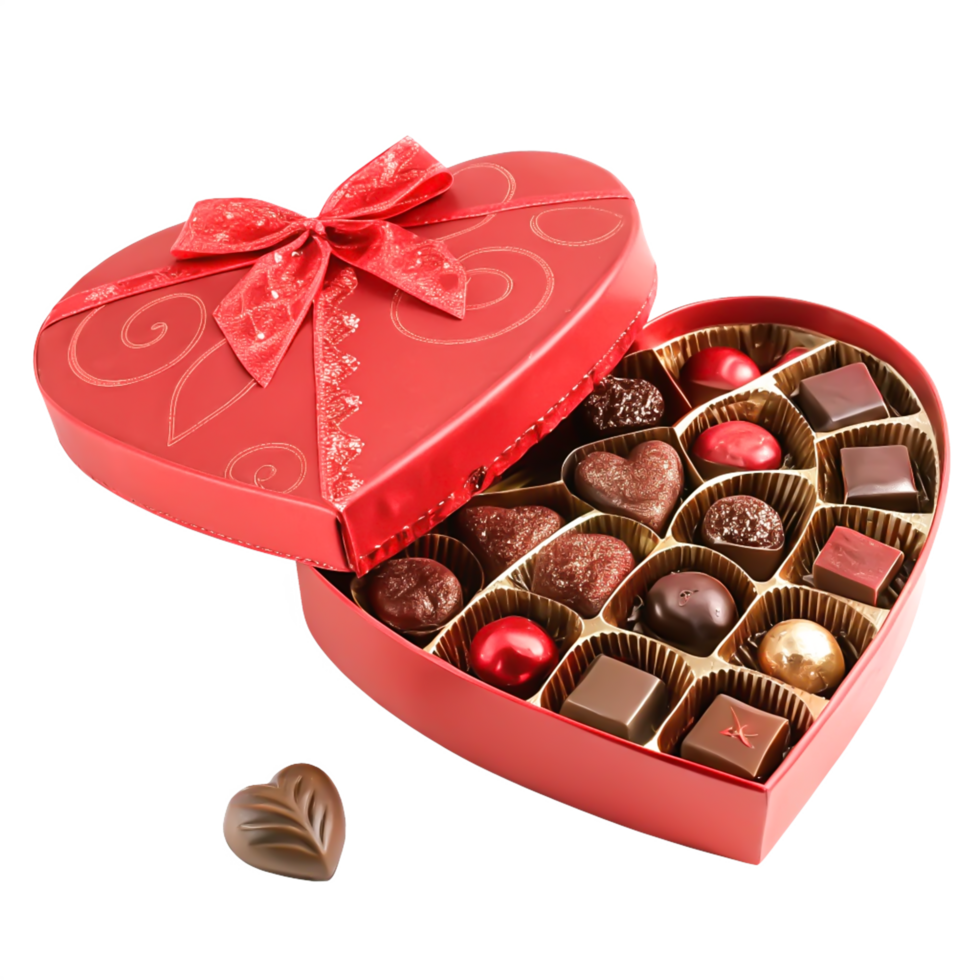 Delicious Assorted Chocolates in Red Heart-Shaped Box for Valentine's Day png