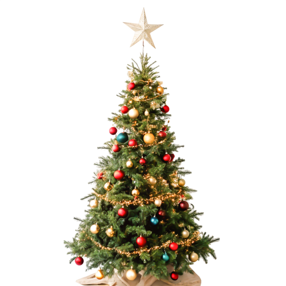Decorated Christmas Tree with Gold Star, Red, Gold png