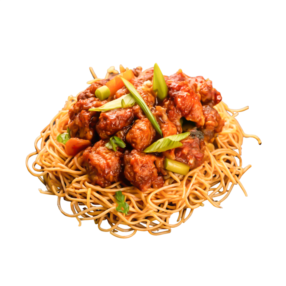 Delicious Chicken in Spicy Sauce over Noodles Asian Cuisine Food Photography png