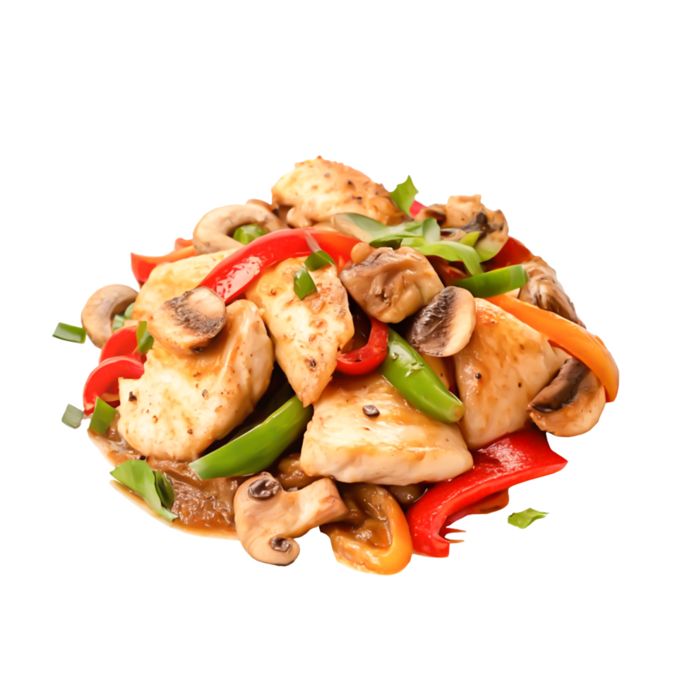 Delicious Chicken Stir-Fry with Mushrooms and Bell Peppers High-Resolution Food Photography png