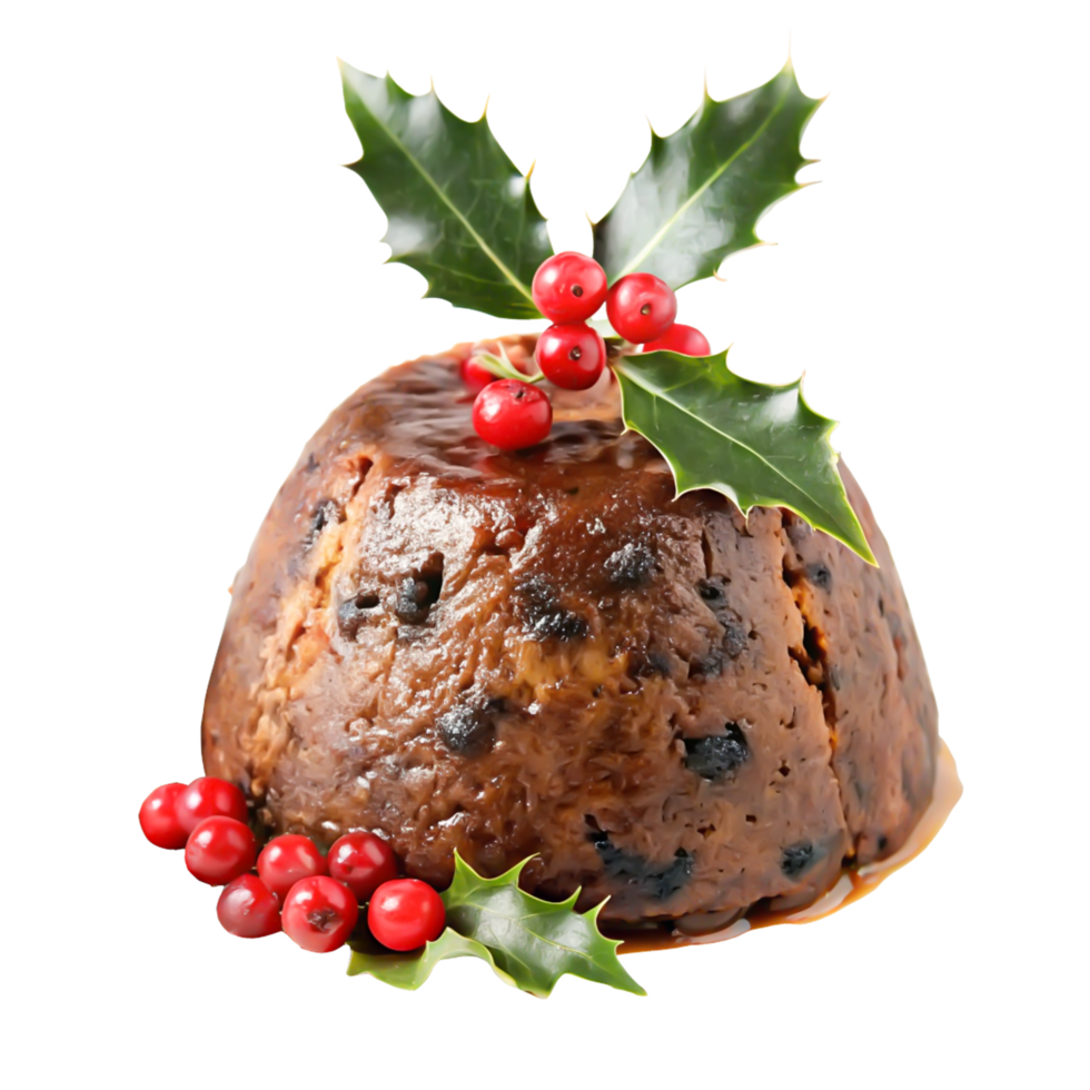 Delicious Christmas Pudding with Holly and Cranberries - Festive Dessert Image png