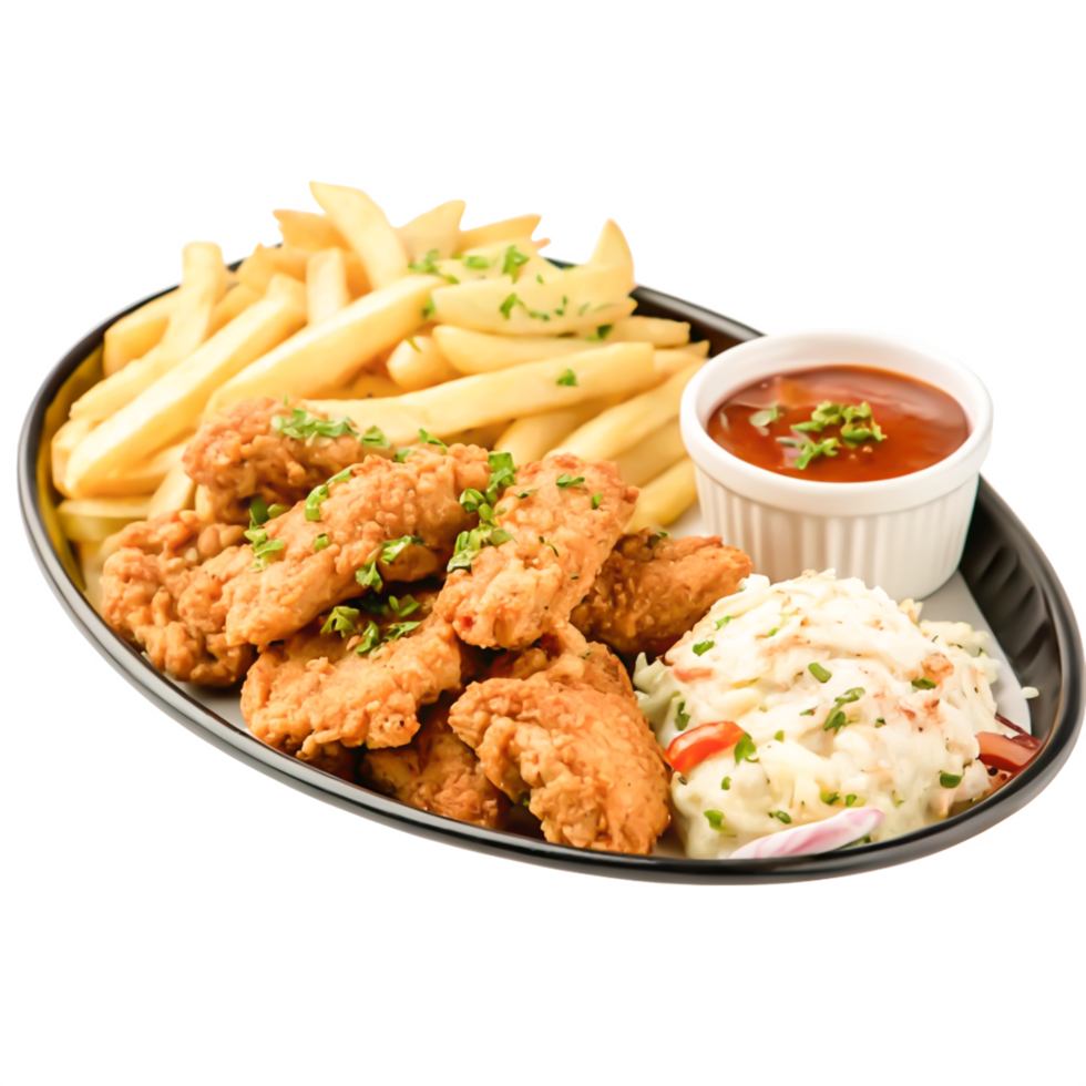 Delicious Crispy Chicken Tenders, French Fries, Coleslaw, and BBQ Sauce Platter png