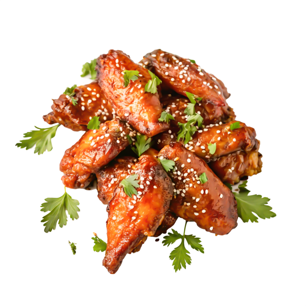 Delicious Glazed Chicken Wings with Sesame Seeds and Parsley Garnish png