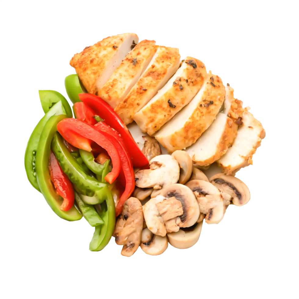 Delicious Grilled Chicken Breast Slices with Sauteed Mushrooms and Bell Peppers png