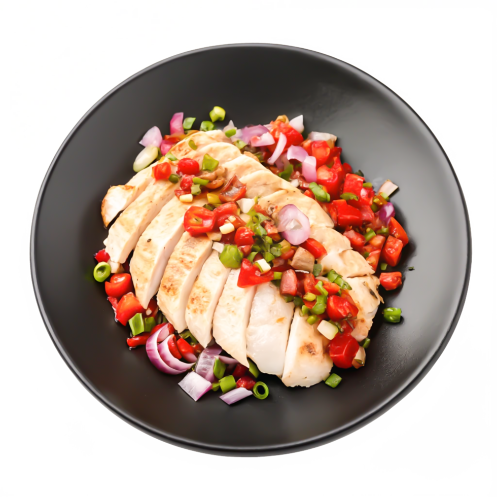Delicious Grilled Chicken Breast Slices with Fresh Salsa on Black Plate png