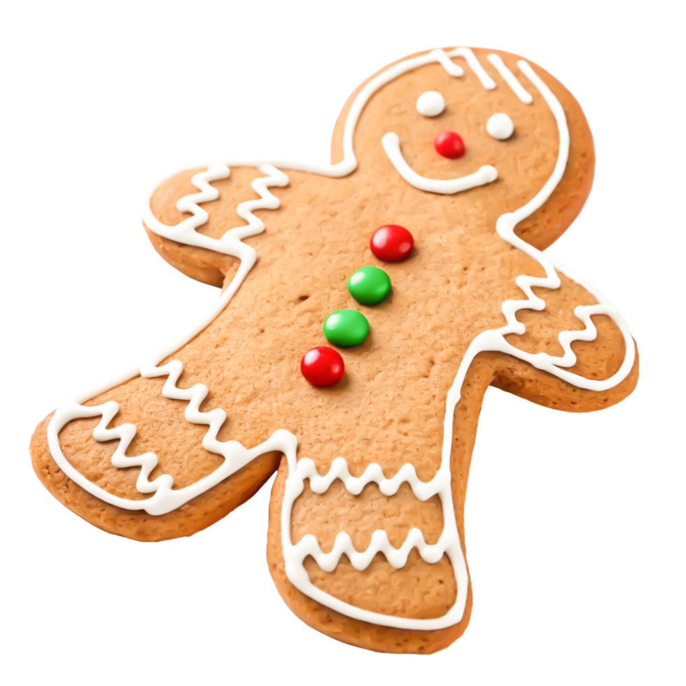 Delicious Homemade Gingerbread Man Cookie with Colorful Candy Decoration for Christmas png