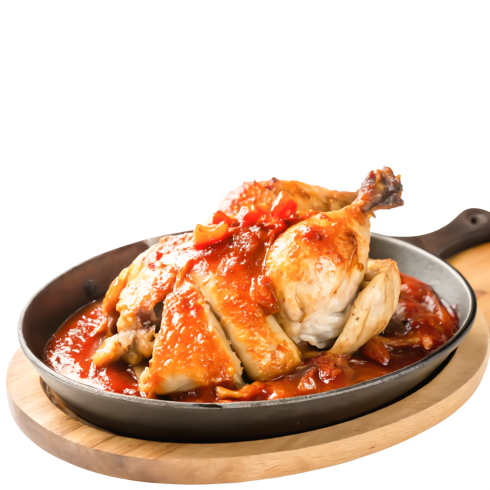 Delicious Roasted Chicken in Red Sauce, Sizzling in Cast Iron Pan png