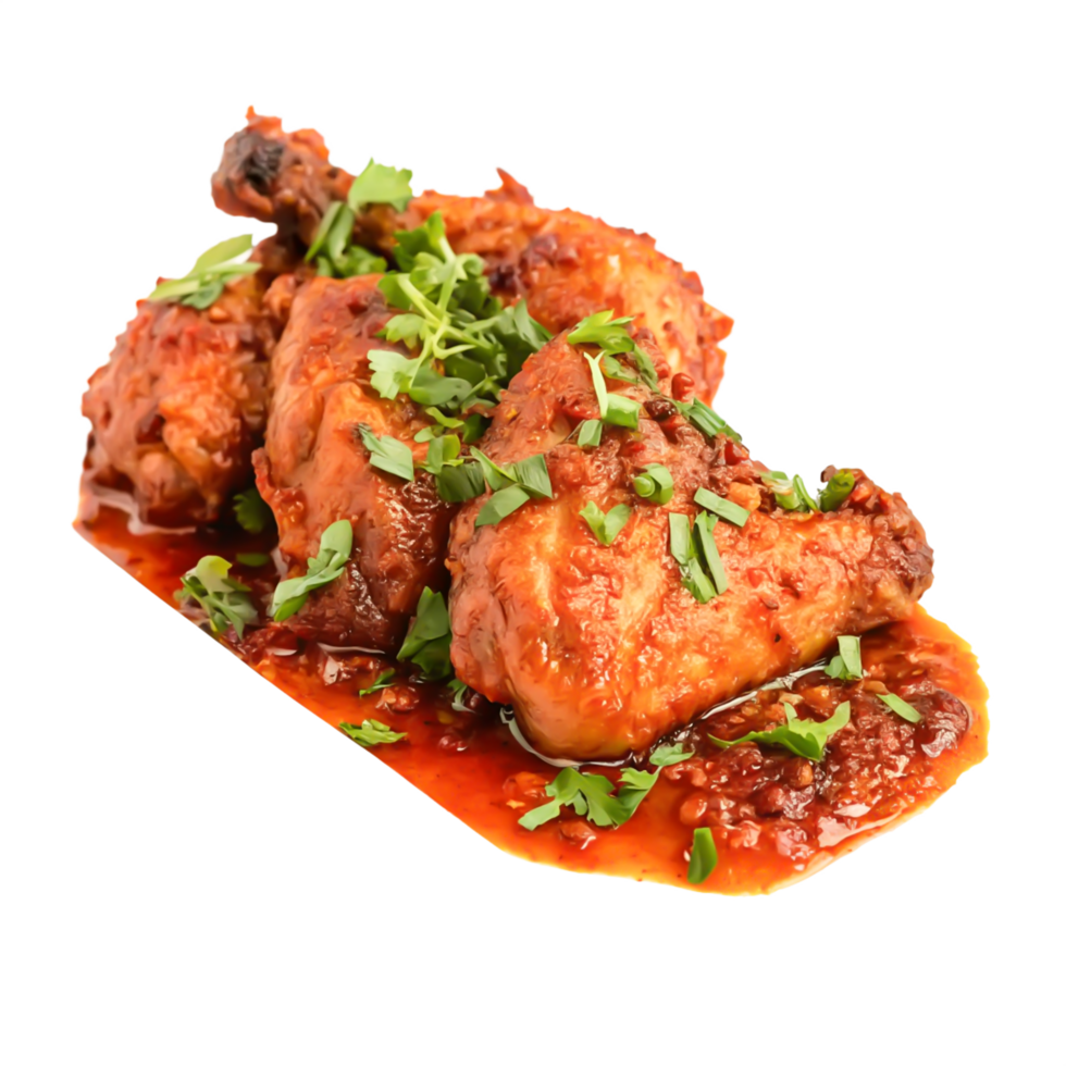 Delicious Spicy Chicken Drumsticks in Red Sauce, Close-up Food Photography png