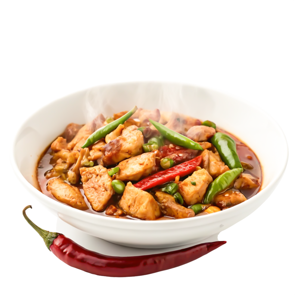 Delicious Steaming Chicken Stir-Fry with Peppers and Peas in a Bowl png