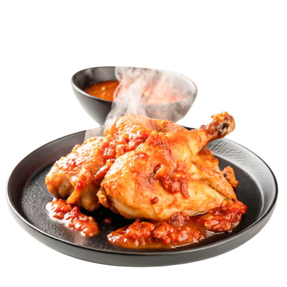 Delicious Spicy Roasted Chicken with Red Sauce on Black Plate png