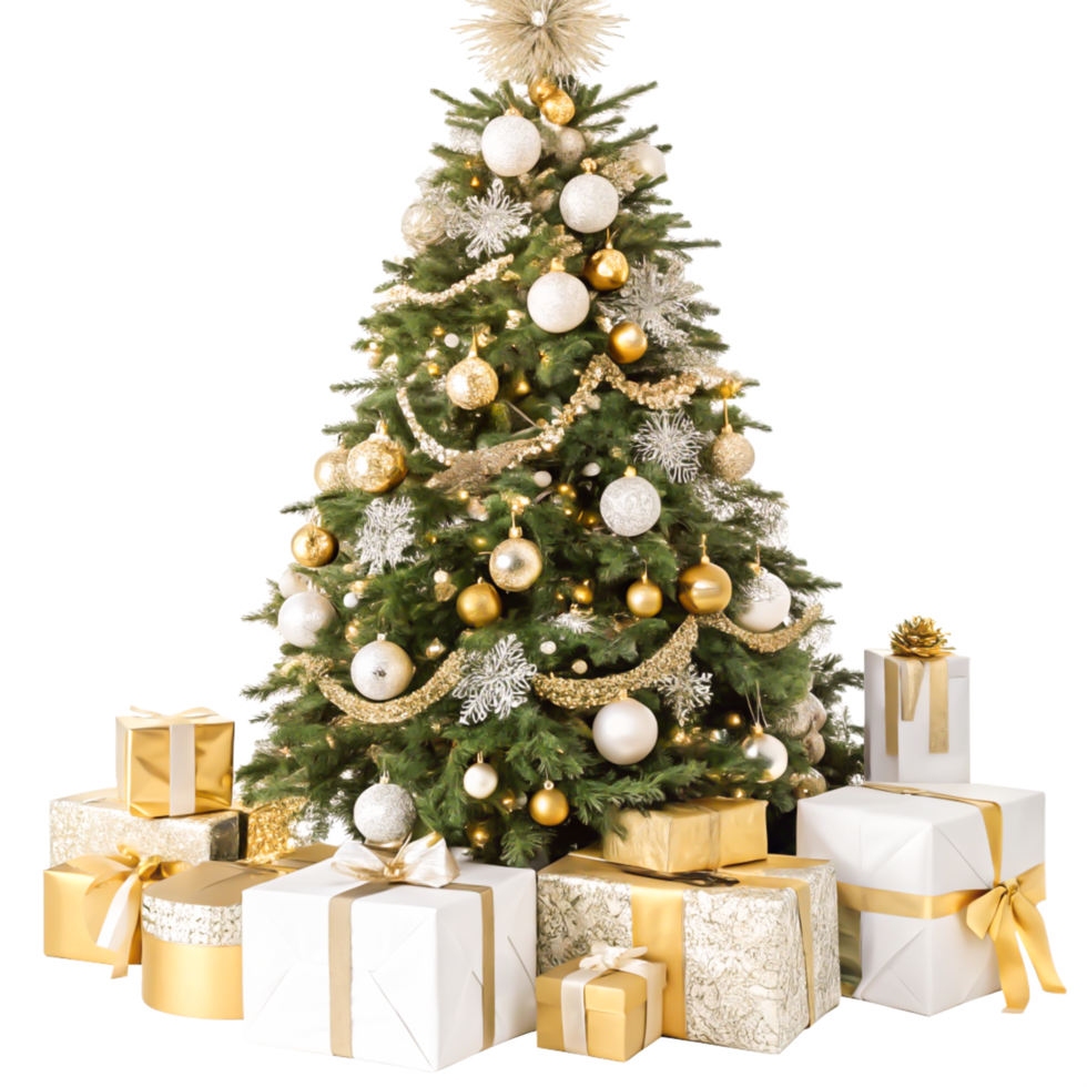 Elegant Gold White Christmas Tree with Luxurious Gifts, Isolated png