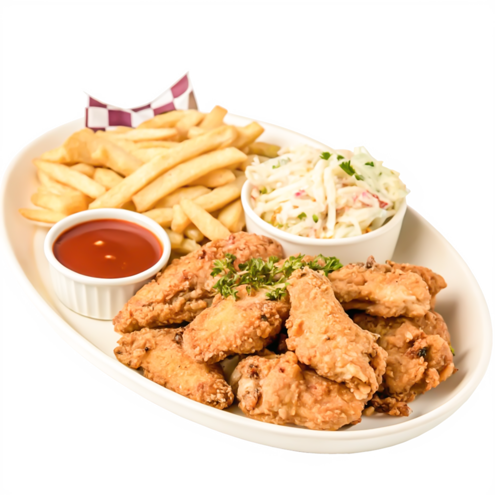 Delicious Crispy Fried Chicken Wings with French Fries and Coleslaw png