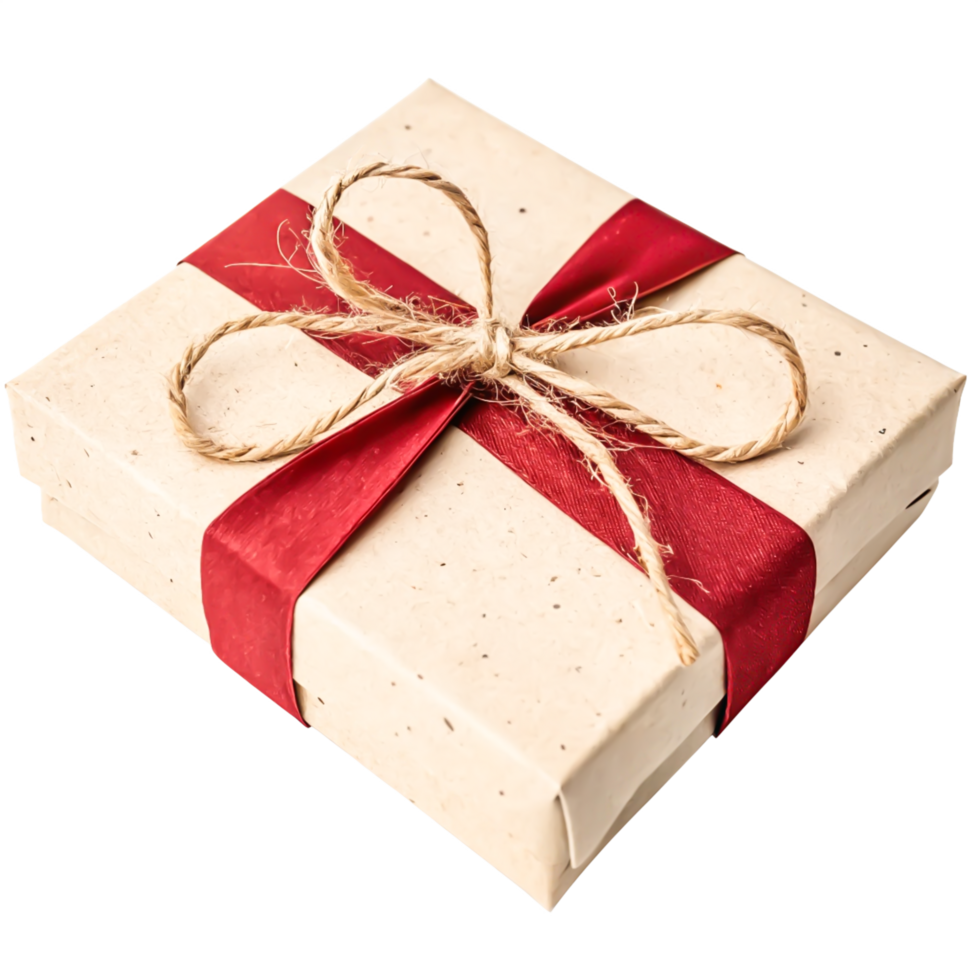 Elegant Kraft Gift Box with Red Ribbon and Jute Twine Bow - Holiday Present png