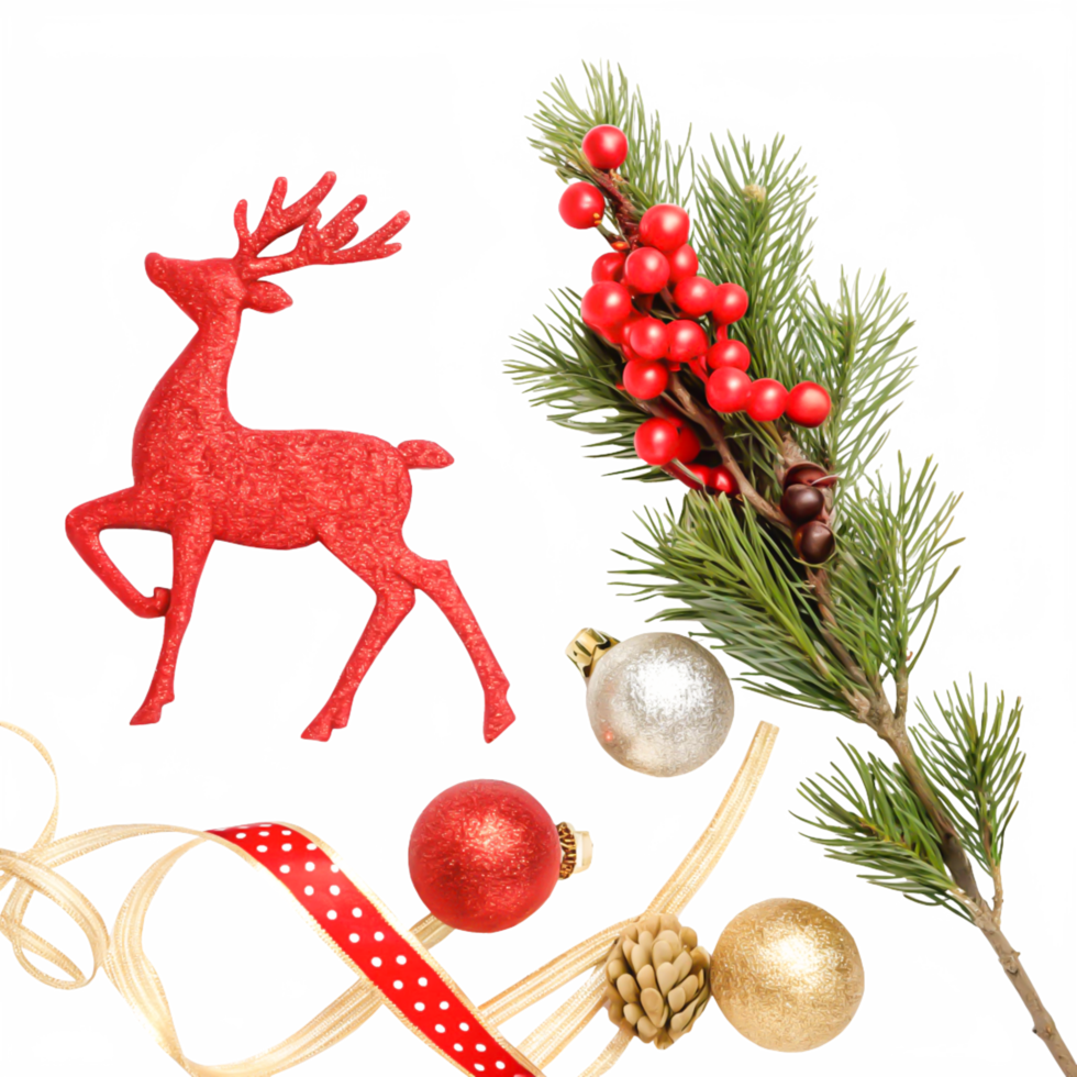 Festive Christmas Composition Red Reindeer, Holly Berries, Ornaments Ribbon png