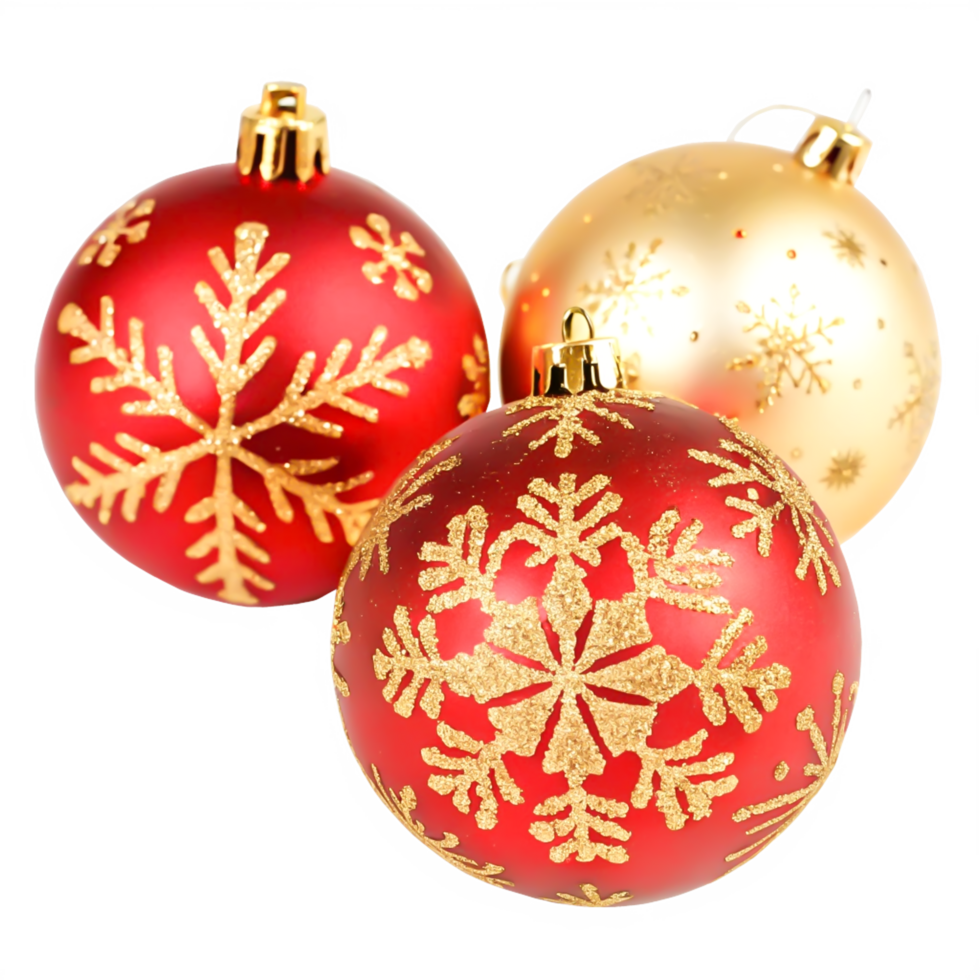 Festive Red and Gold Christmas Ornaments with Snowflake Design, Isolated on White png