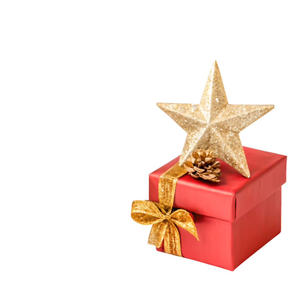 Festive Red Gift Box with Gold Star, Bow, and Pine Cone for Christmas png
