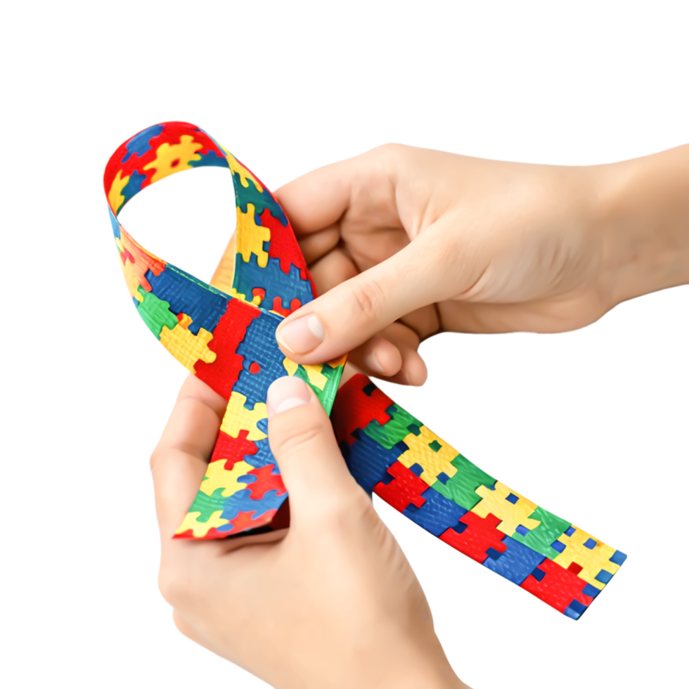 Hands Holding Autism Awareness Puzzle Ribbon Support, Hope, and Understanding png
