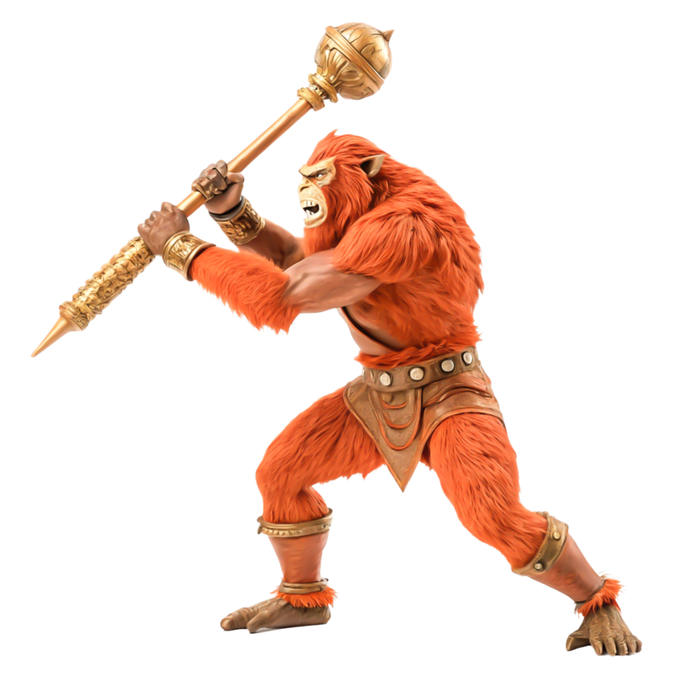 Powerful Orange Furry Warrior Striking with Golden Mace, Fantasy Illustration png