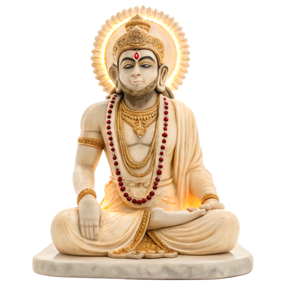 Illuminated Hanuman Statue Marble Finish, Gold Accents, Meditation Pose, Hindu Deity png